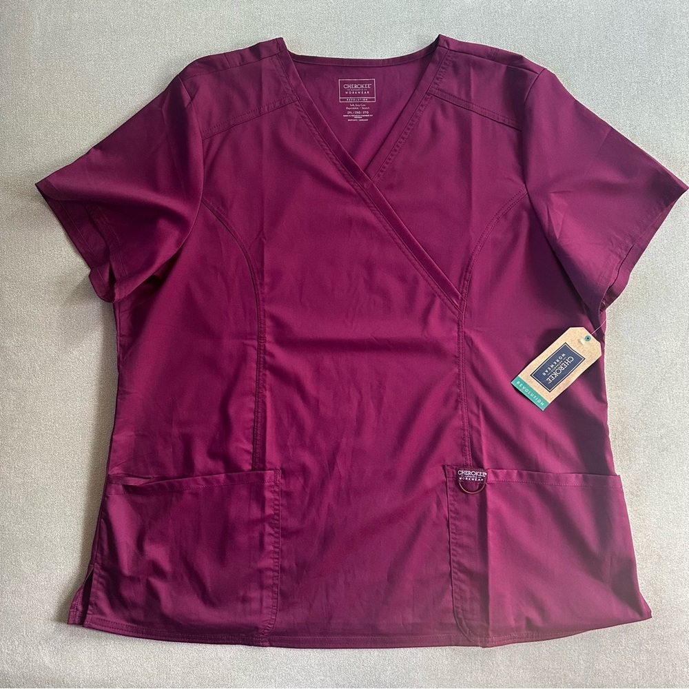 Cherokee Women’s Mock Wrap V Neck Scrub Top. Wine/Maroon. 2XL New